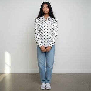 Talbots White Olive Green Polka Dot Clip Button Down, Womens XS